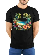 Tropical Beach Paradise Fruit Island Graphic T Shirt - model wearing black tee with hands behind back