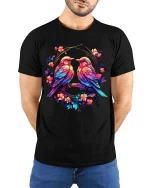 Colorful Love Birds Floral Circle Art Graphic T Shirt - model wearing black tee with hands behind back
