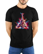 Colorful Eiffel Tower Paris Splash Art Graphic T Shirt - model wearing black tee with hands behind back