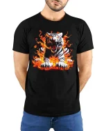 Fierce White Tiger Fire Flames Graphic T Shirt - model wearing black tee with hands behind back