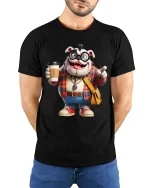 Funny Bulldog Hipster Coffee Cartoon Graphic T Shirt - model wearing black tee with hands behind back