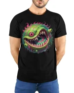 Crazy One Eye Monster Slime Cartoon Graphic T Shirt - model wearing black tee with hands behind back
