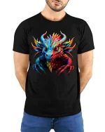 Colorful Fantasy Dragon Head Fierce Graphic T Shirt - model wearing black tee with hands behind back