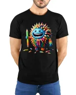 Funny Color Pencil Monster Cartoon Artist T Shirt - model wearing black tee with hands behind back