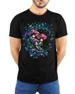 Magical Mushroom Forest Fairy Circle Art T Shirt - model wearing black tee with hands behind back