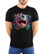 Funny One Eyed Monster Cartoon Running Graphic T Shirt - model wearing black tee with hands behind back