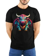 Cute Fantasy Dragon Cow Hybrid Cartoon Art T Shirt - model wearing black tee with hands behind back