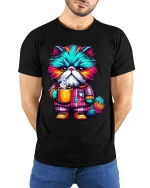 Grumpy Colorful Cat Drinking Coffee Funny T Shirt - model wearing black tee with hands behind back