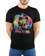 Retro Colorful Robot Droid Cartoon Sci Fi T Shirt - model wearing black tee with hands behind back