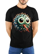 Funny Cute Germ Monster Cartoon Big Eyes T Shirt - model wearing black tee with hands behind back