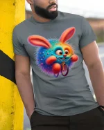 Funny Rainbow Bunny Riding Bike Graphic T Shirt - model wearing grey tee, leaning on column