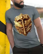 Golden Warrior Emblem Shield Sword Fantasy T Shirt - model wearing grey tee, leaning on column