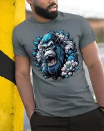 Fierce Blue Gorilla Floral Power Graphic T Shirt - model wearing grey tee, leaning on column