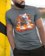 Fierce White Tiger Fire Flames Graphic T Shirt - model wearing grey tee, leaning on column