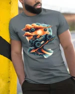 Off Road Adventure Truck Sunset Landscape T Shirt - model wearing grey tee, leaning on column