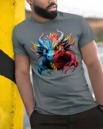 Colorful Fantasy Dragon Head Fierce Graphic T Shirt - model wearing grey tee, leaning on column