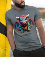 Cute Fantasy Dragon Cow Hybrid Cartoon Art T Shirt - model wearing grey tee, leaning on column