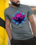Vibrant Neon Lotus Flower Spiritual Art T Shirt - model wearing grey tee, leaning on column