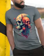 Surreal Dual Skull Abstract Art Graphic T Shirt - model wearing grey tee, leaning on column