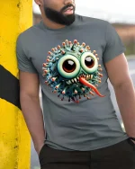 Funny Cute Germ Monster Cartoon Big Eyes T Shirt - model wearing grey tee, leaning on column