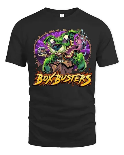 Box Busters Monster Dog Graphic T Shirt Funny Delivery Chaos Style - black t-shirt on white background