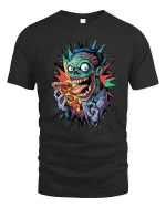 Funny Zombie Eating Pizza Graphic T Shirt Crazy Horror Cartoon Tee - black t-shirt on white background
