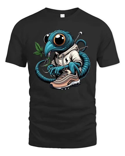Streetwear Alien Bug Graphic T Shirt Cool Urban Cartoon Style Tee - black t-shirt on white background