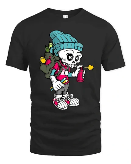 Graffiti Skeleton Artist Graphic T Shirt Funny Street Art Style Tee - black t-shirt on white background