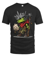 Funny Frog Warrior Graphic T Shirt Fantasy Cartoon Card Player Tee - black t-shirt on white background