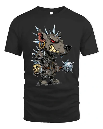 Punk Wolf Warrior Graphic T Shirt Spiked Armor Cartoon Battle Style - black t-shirt on white background