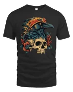 Gothic Raven Skull Graphic T Shirt Dark Floral Bird Art Style Tee - black t-shirt on white background