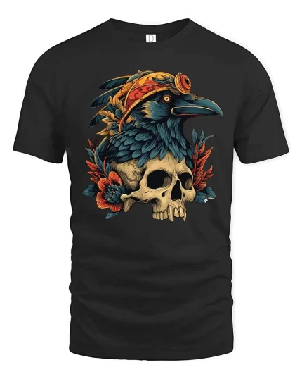 Gothic Raven Skull Graphic T Shirt Dark Floral Bird Art Style Tee - black t-shirt on white background