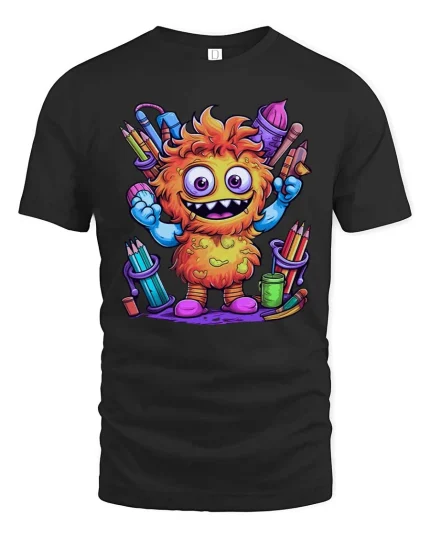 Funny Cute Monster Artist Graphic T Shirt Colorful Cartoon Art Style - black t-shirt on white background
