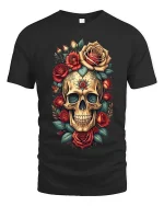 Floral Skull Rose Graphic T Shirt Vintage Gothic Art Style Tee - black t-shirt on white background