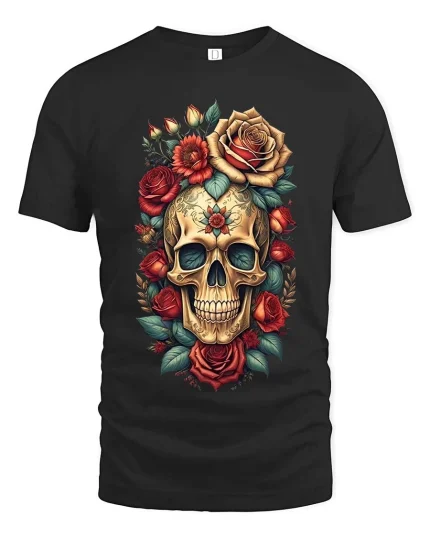 Floral Skull Rose Graphic T Shirt Vintage Gothic Art Style Tee - black t-shirt on white background