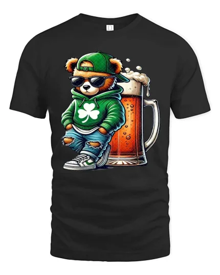 Cool Bear Beer Graphic T Shirt Funny Irish Vibes Lucky Style Tee - black t-shirt on white background