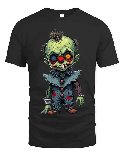 Creepy Zombie Clown Graphic T Shirt Funny Horror Cartoon Style Tee - black t-shirt on white background