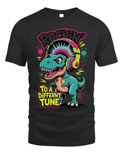 Rocking Dinosaur Graphic T Shirt Funny Music Lover Cartoon Style Tee - black t-shirt on white background