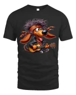 Funny Rocker Dog Playing Guitar Graphic T Shirt Music Lover Style - black t-shirt on white background