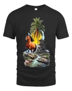 Running Horse Tropical Landscape Graphic T Shirt Sunset Island Vibes - black t-shirt on white background