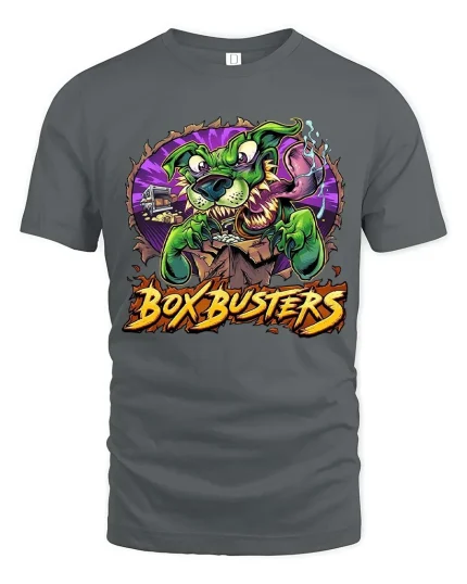 Box Busters Monster Dog Graphic T Shirt Funny Delivery Chaos Style - gray t-shirt on white background