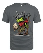 Funny Frog Warrior Graphic T Shirt Fantasy Cartoon Card Player Tee - gray t-shirt on white background