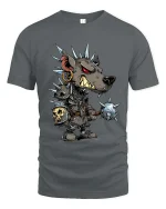 Punk Wolf Warrior Graphic T Shirt Spiked Armor Cartoon Battle Style - gray t-shirt on white background