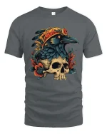 Gothic Raven Skull Graphic T Shirt Dark Floral Bird Art Style Tee - gray t-shirt on white background