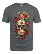 Floral Skull Rose Graphic T Shirt Vintage Gothic Art Style Tee - gray t-shirt on white background