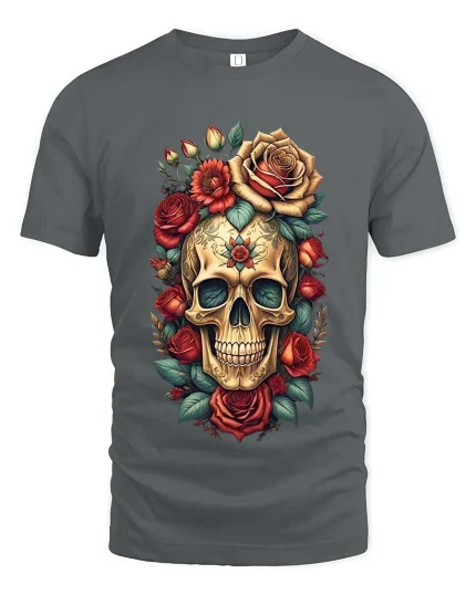 Floral Skull Rose Graphic T Shirt Vintage Gothic Art Style Tee - gray t-shirt on white background