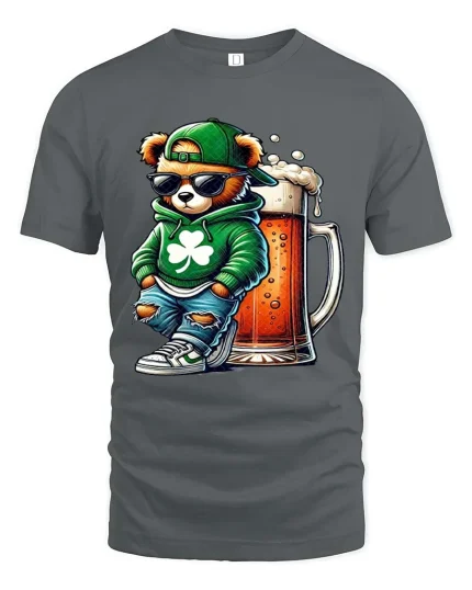 Cool Bear Beer Graphic T Shirt Funny Irish Vibes Lucky Style Tee - gray t-shirt on white background