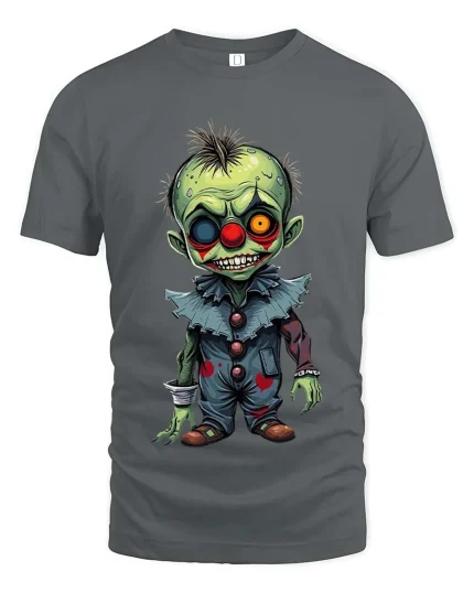 Creepy Zombie Clown Graphic T Shirt Funny Horror Cartoon Style Tee - gray t-shirt on white background