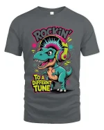 Rocking Dinosaur Graphic T Shirt Funny Music Lover Cartoon Style Tee - gray t-shirt on white background