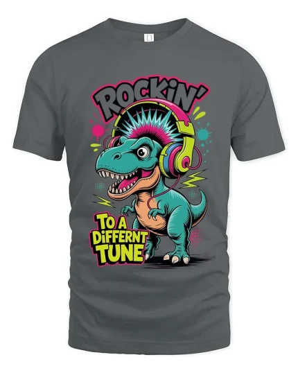 Rocking Dinosaur Graphic T Shirt Funny Music Lover Cartoon Style Tee - gray t-shirt on white background